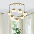 27.4 in. 7-Light Modern Brass Metal Globe Chandelier Hanging Light with White Glass Shades for Living Room