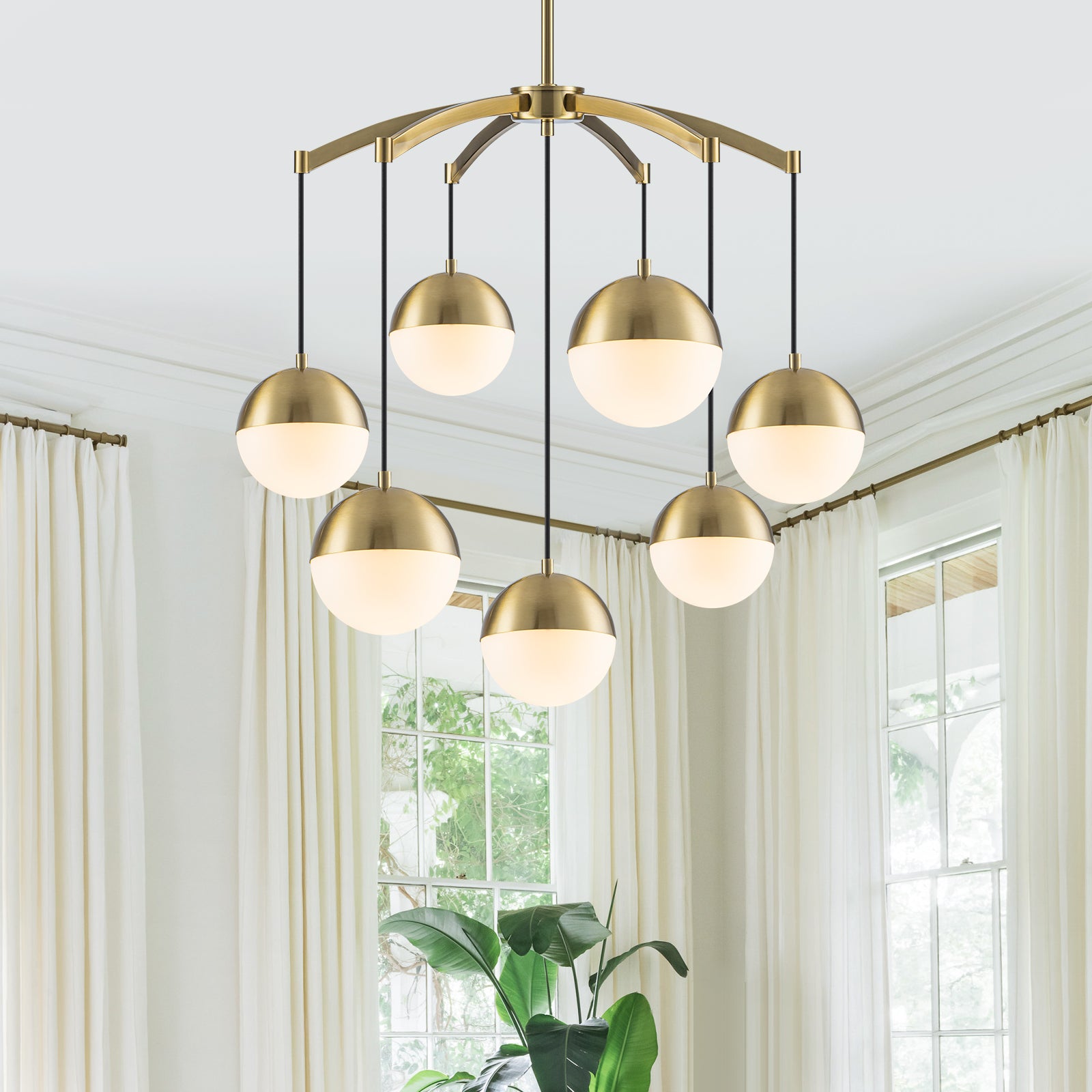27.4 in. 7-Light Modern Brass Metal Globe Chandelier Hanging Light with White Glass Shades for Living Room