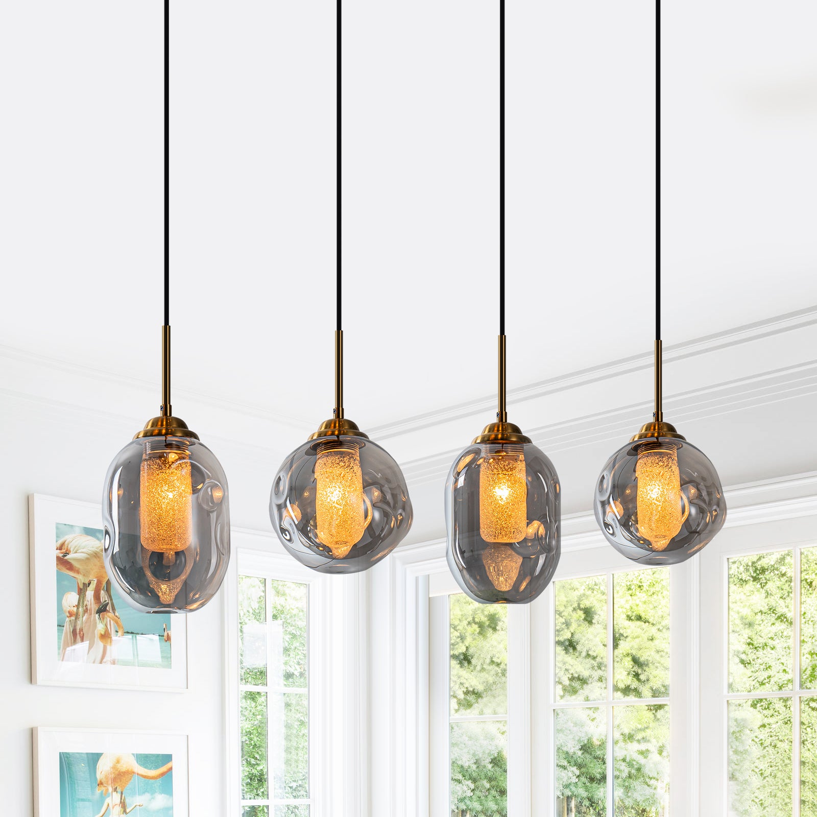 38.6 in. 4-Light Modern Black Linear Pendant Light with 2-Tier Glass Shades for Kitchen Island