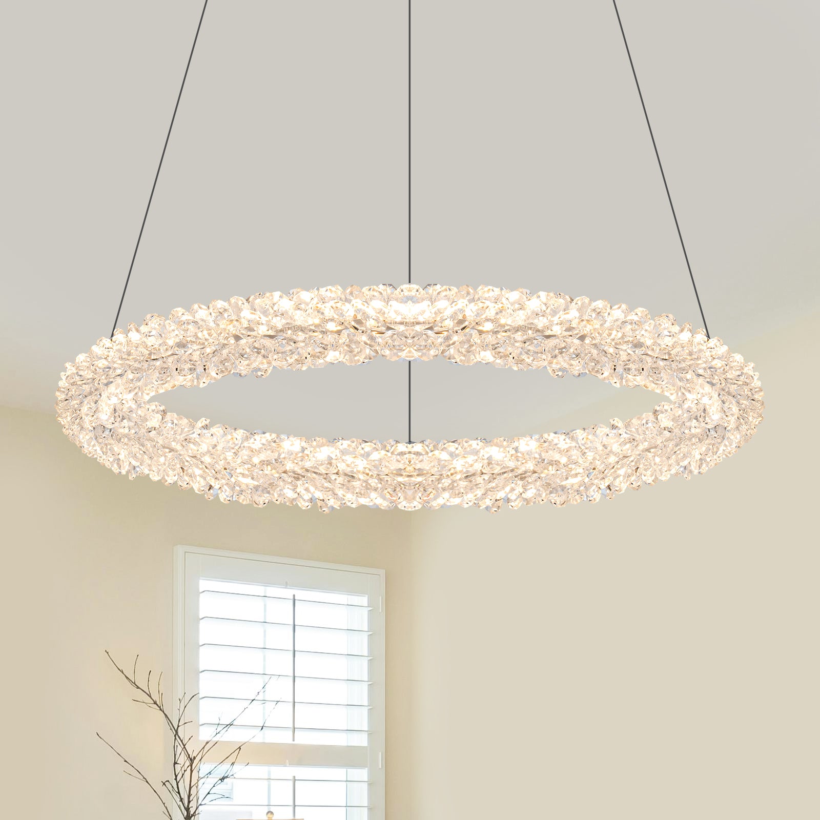 1-Light Modern Gold Metal Ring Crystal Integrated LED Pendant Light Dimmable Chandelier for Dining Room