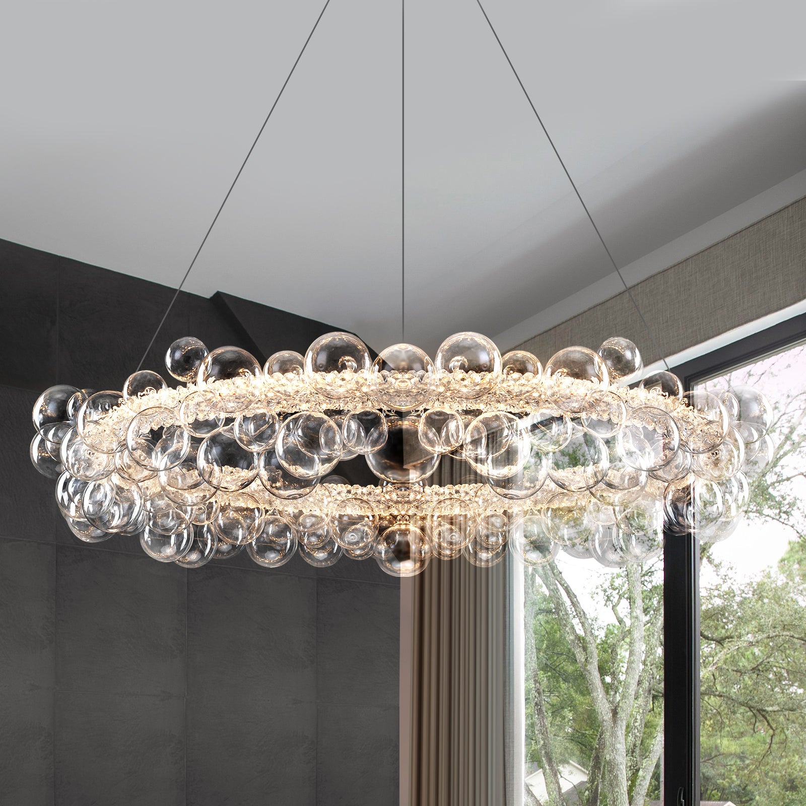 1-Light Gold Modern Round Globe Crystal Integrated LED Chandelier Dimmable Pendant Light with Glass Bubbles