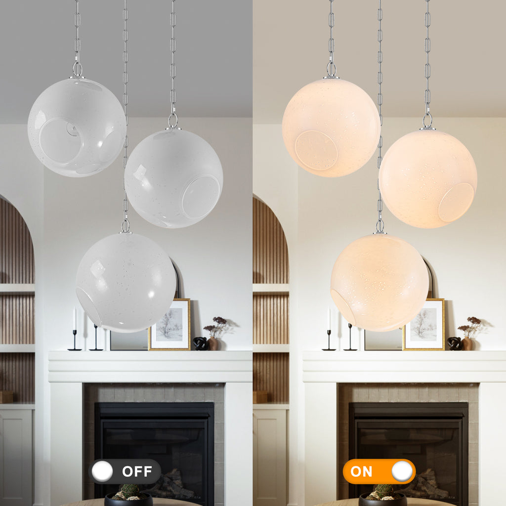 Chrome Modern Globe Hanging Pendant Light with White Bubble Glass Shade for Kitchen Island, Dining