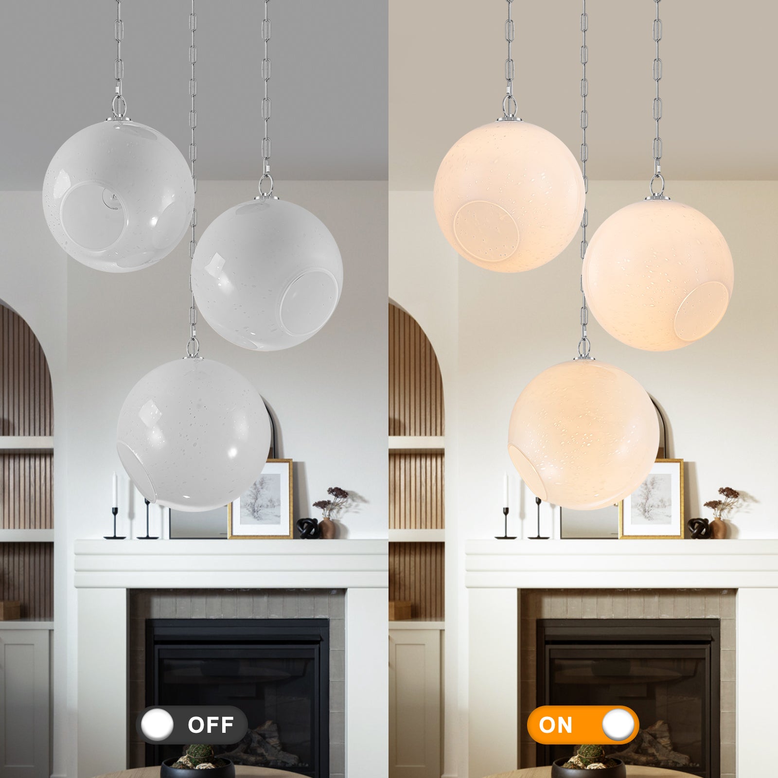 Chrome Modern Globe Hanging Pendant Light with White Bubble Glass Shade for Kitchen Island, Dining