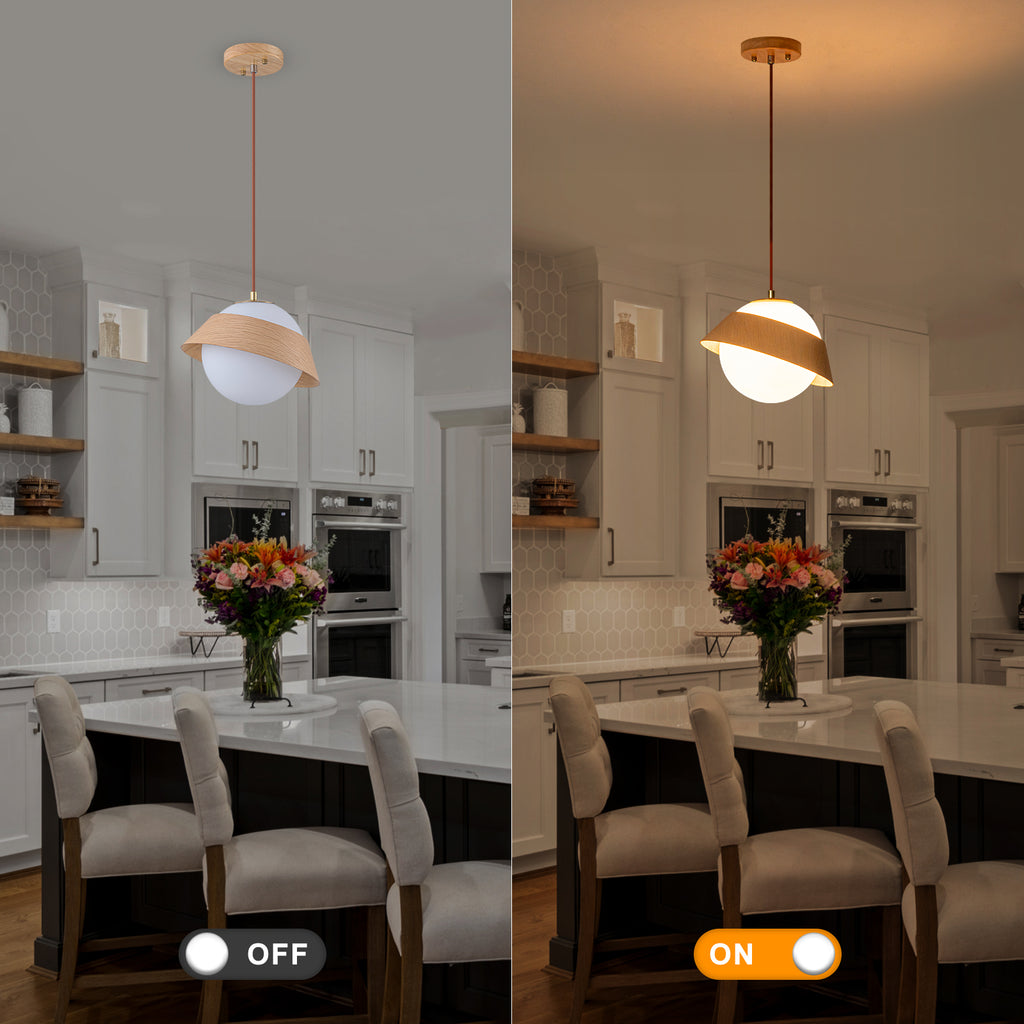 10.63 in. 1-Light Wooden Globe Hanging Pendant Light with White Glass Shade for Kitchen Island, Bedroom