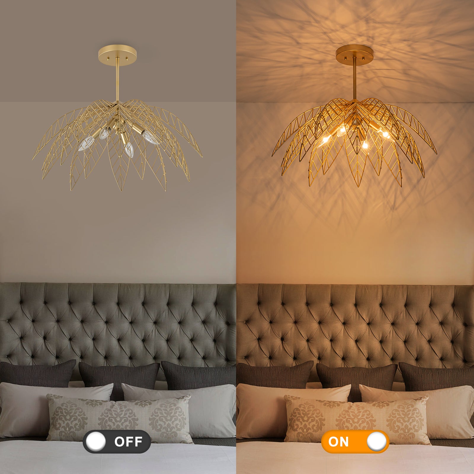 26 in. 4-Light Modern Luxury Gold Bowl Semi-Flush Mount Ceiling Light with Metal Leaf Shade