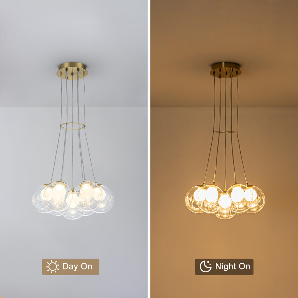 7-Light Modern Gold Sputnik Cluster LED Chandelier with Clear Globe Shades for Living Room