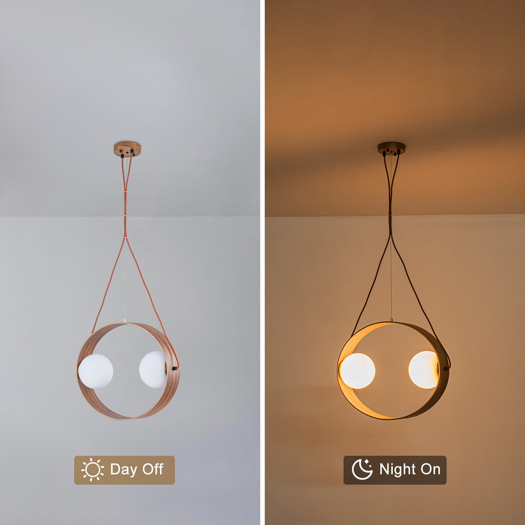 20 in. 2-Light Modern Walnut Oval Pendant Light with White Globe Glass Shades for Dining Room, Kitchen Island