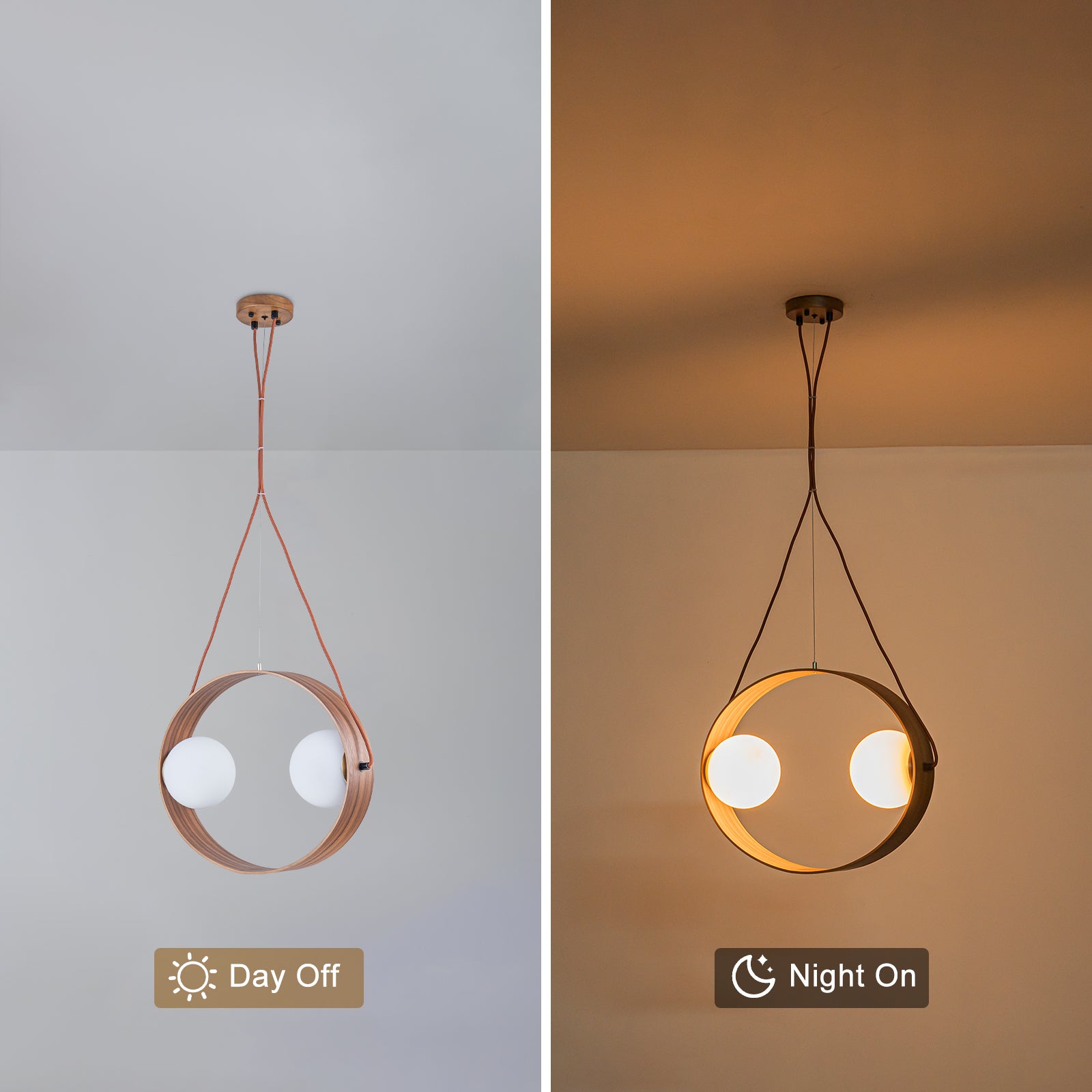 20 in. 2-Light Modern Walnut Oval Pendant Light with White Globe Glass Shades for Dining Room, Kitchen Island