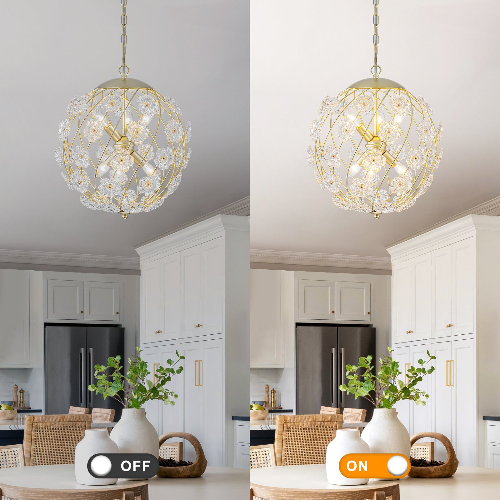 6-Light Modern Metal Gold Globe Cage Chandelier with Glass Flower Shade for Living Room, Dining, Bedroom