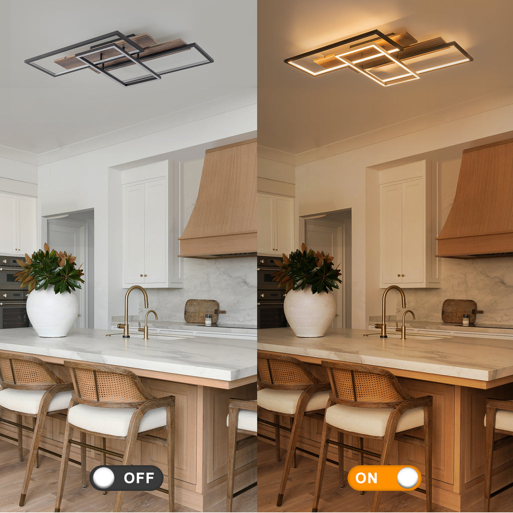 3-Light 26.77 in. Modern Black and Wood Dimmable Integrated LED Flush Mount Ceiling Light