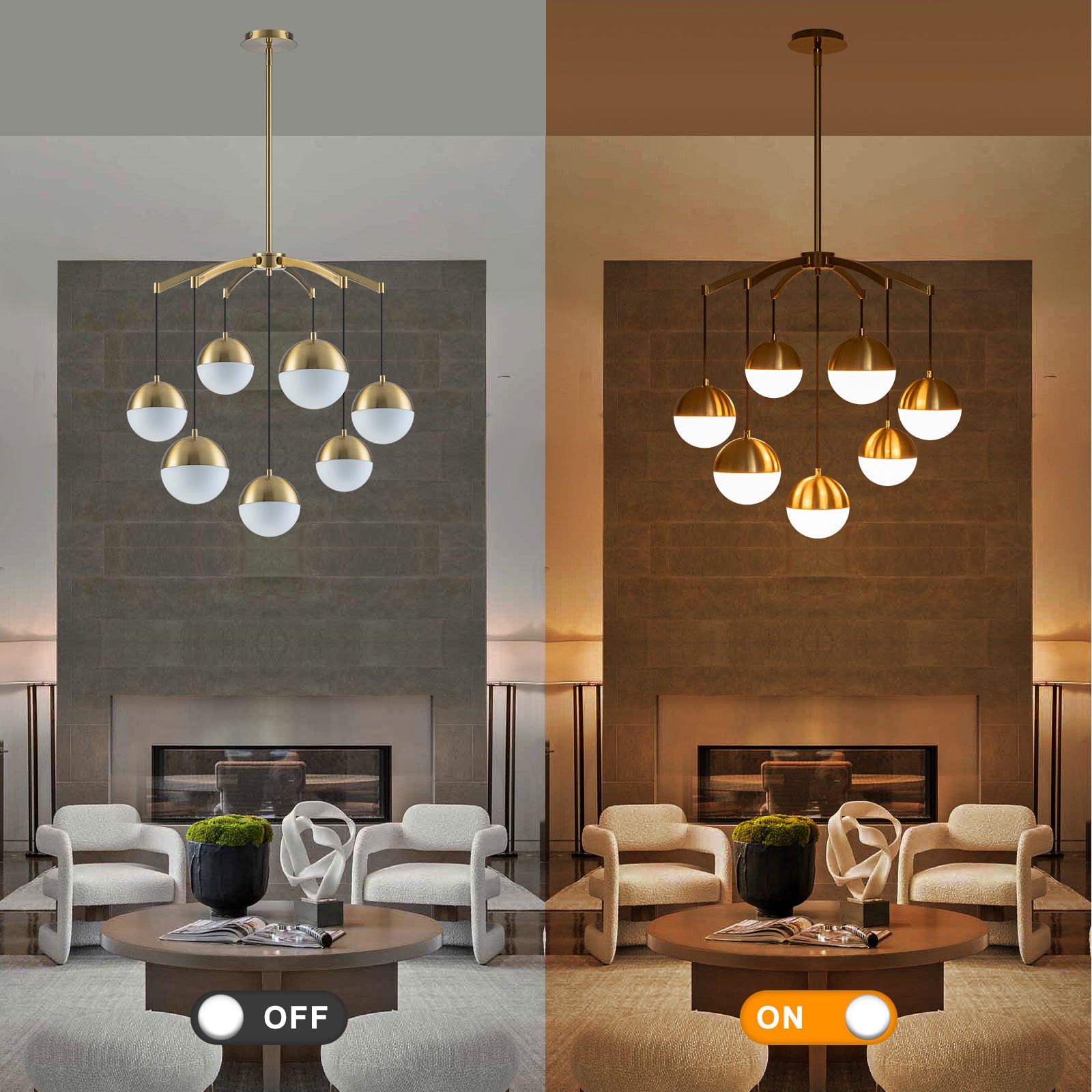 27.4 in. 7-Light Modern Brass Metal Globe Chandelier Hanging Light with White Glass Shades for Living Room