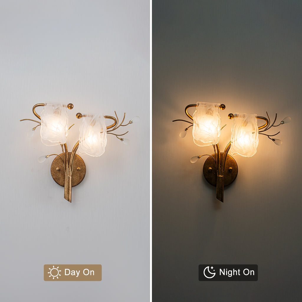 16.14 in. 2-Light Antique Gold Wall Sconce with Clouded Glass Shade, Bedroom Living Room Wall Light