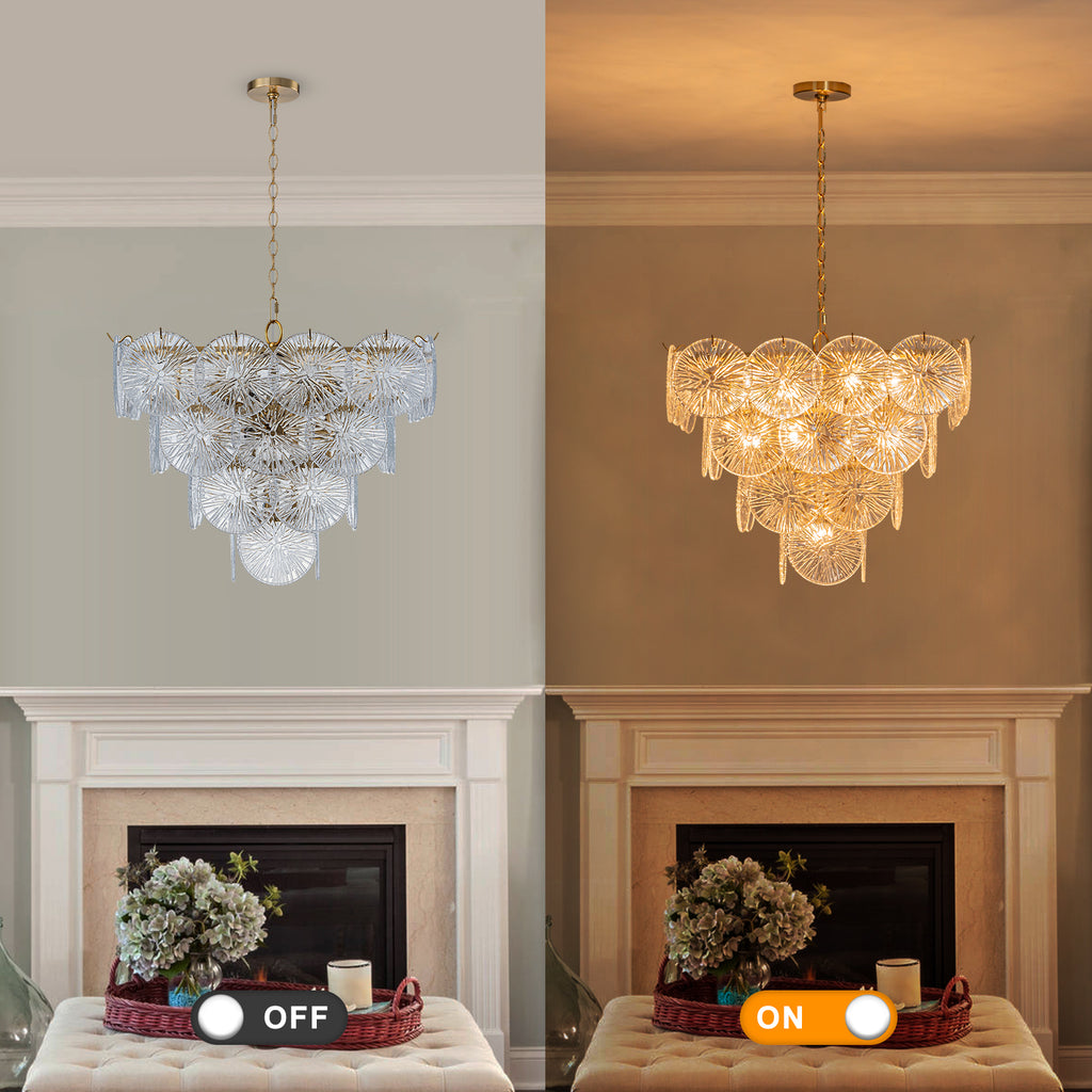 24 in. 13-Light Modern Gold Square Tiered Chandelier with Textured Clear Glass Petal Shades for Living Room