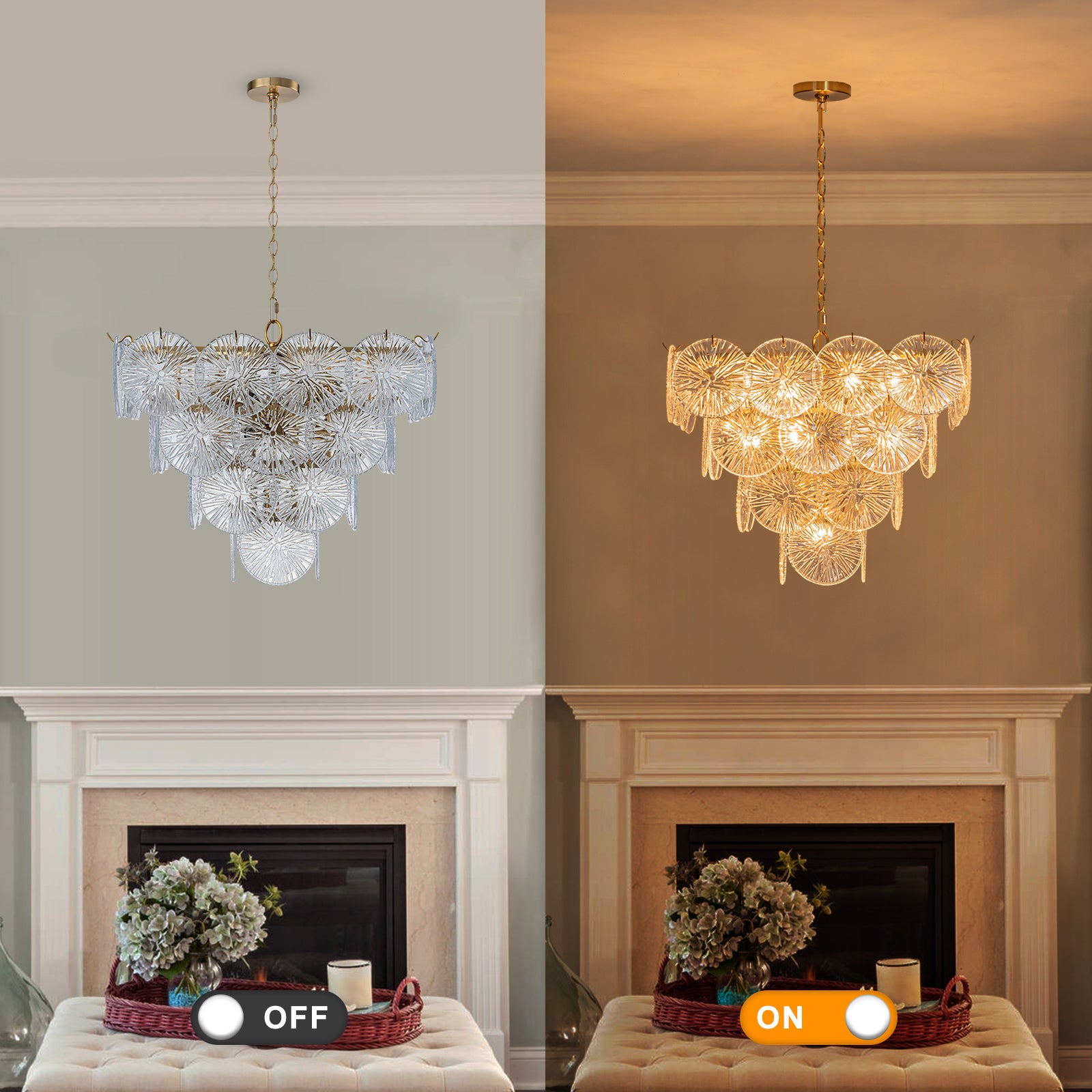 24 in. 13-Light Modern Gold Square Tiered Chandelier with Textured Clear Glass Petal Shades for Living Room