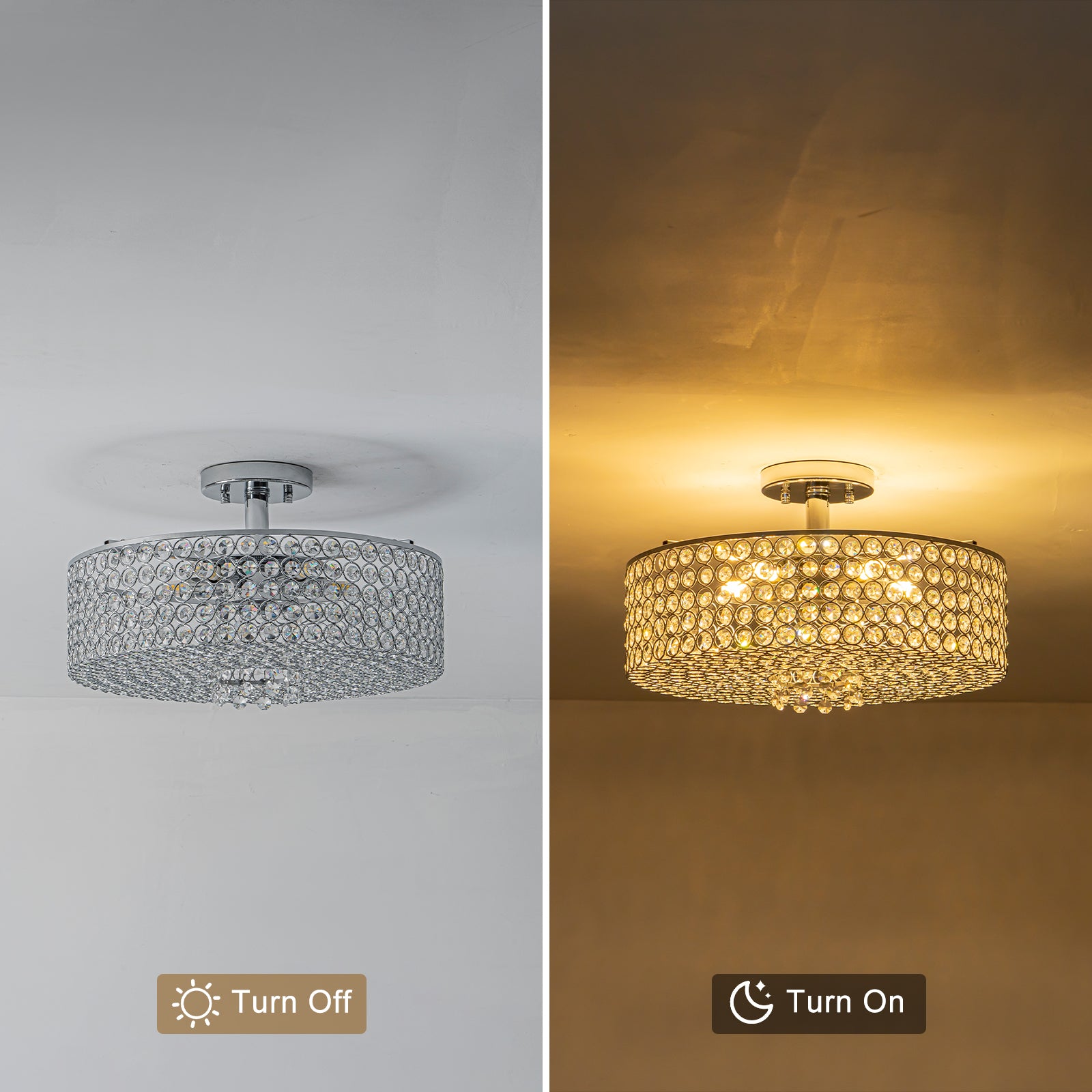 5-Light Chrome Round Modern Semi-Flush Mount Ceiling Light with Beaded Drum Crystal Shade for Living Room