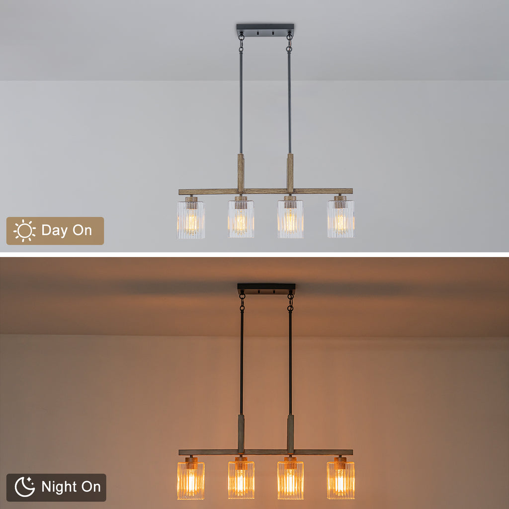 30.5 in. 4-Light Modern Farmhouse Matte Black Linear Chandelier with Faux Wood Accent Island Pendant with Glass Shades
