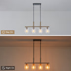 30.5 in. 4-Light Modern Farmhouse Matte Black Linear Chandelier with Faux Wood Accent Island Pendant with Glass Shades