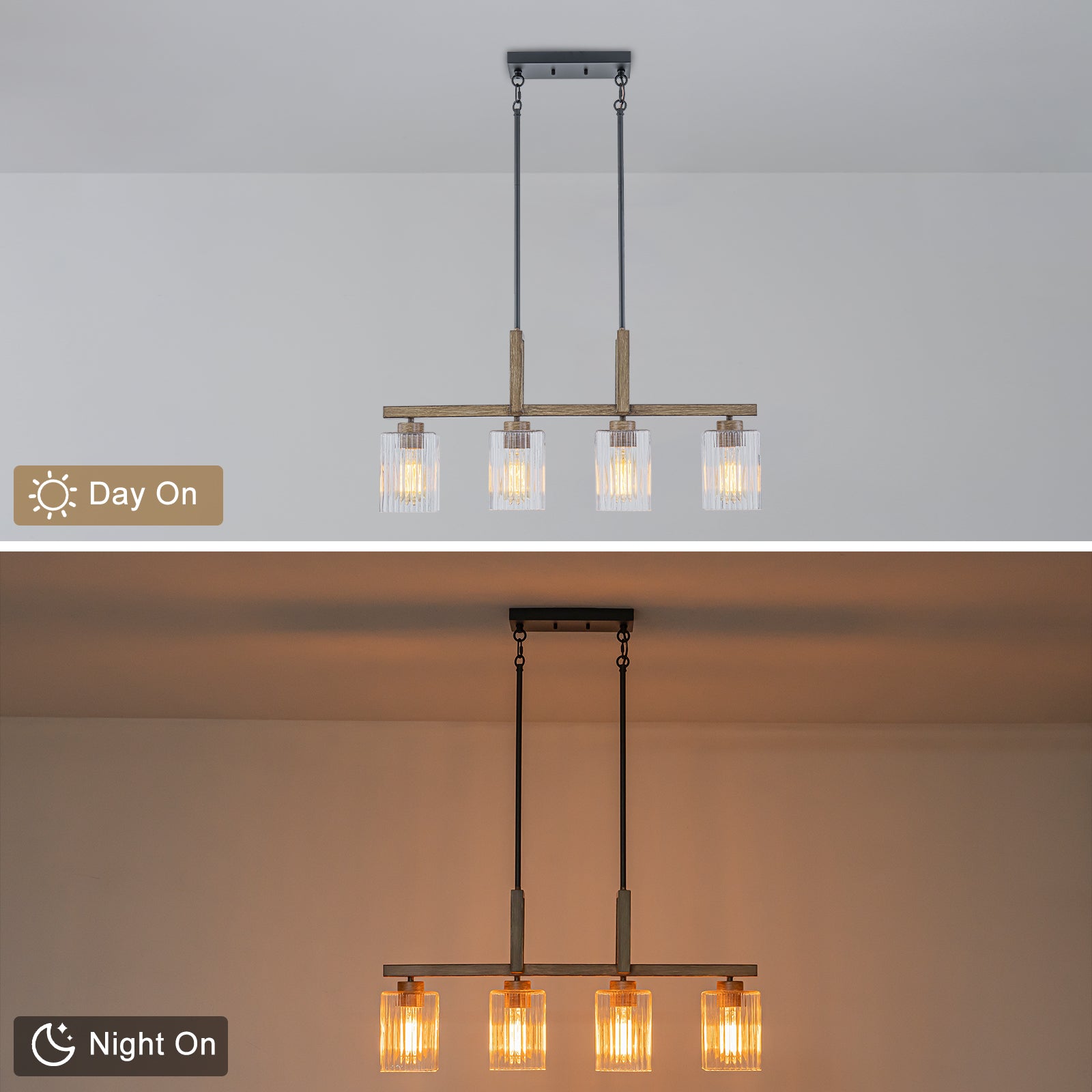30.5 in. 4-Light Modern Farmhouse Matte Black Linear Chandelier with Faux Wood Accent Island Pendant with Glass Shades