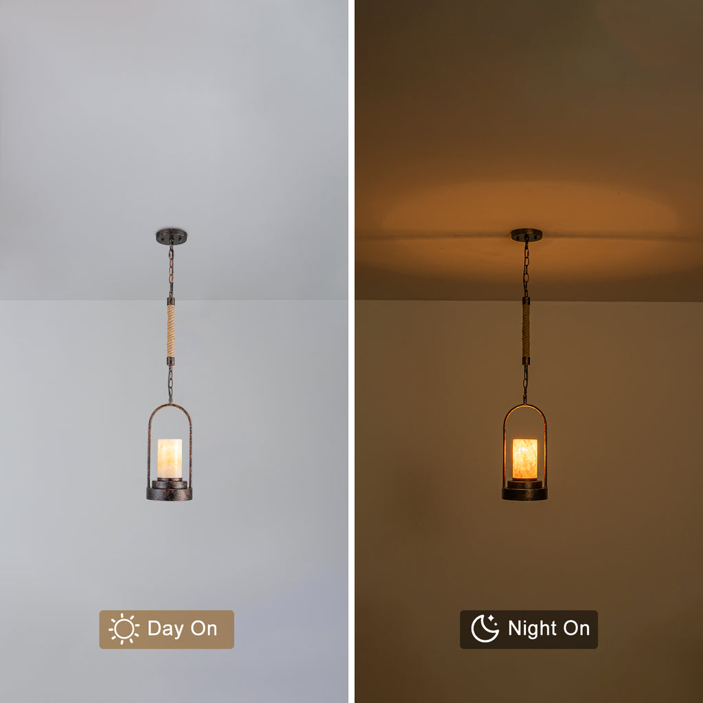 6.69 in. 1-Light Vintage Industrial U-Shaped Iron Pendant Light with Natural Onyx Shade