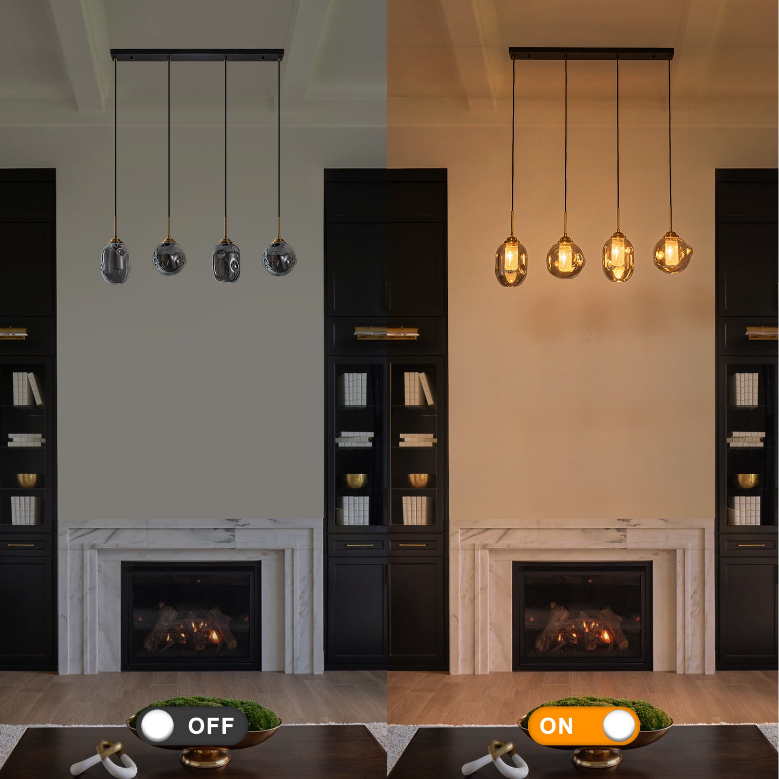 38.6 in. 4-Light Modern Black Linear Pendant Light with 2-Tier Glass Shades for Kitchen Island
