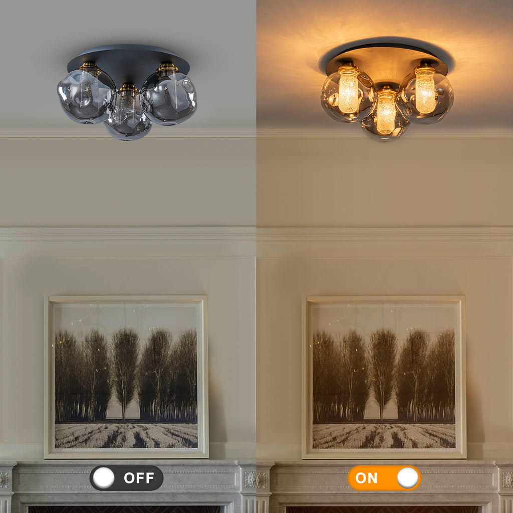 17.7 in. 3-Light Modern Black Metal Flush Mount Ceiling Light with Globe Smoky Gray Glass Shades for Dining Roo