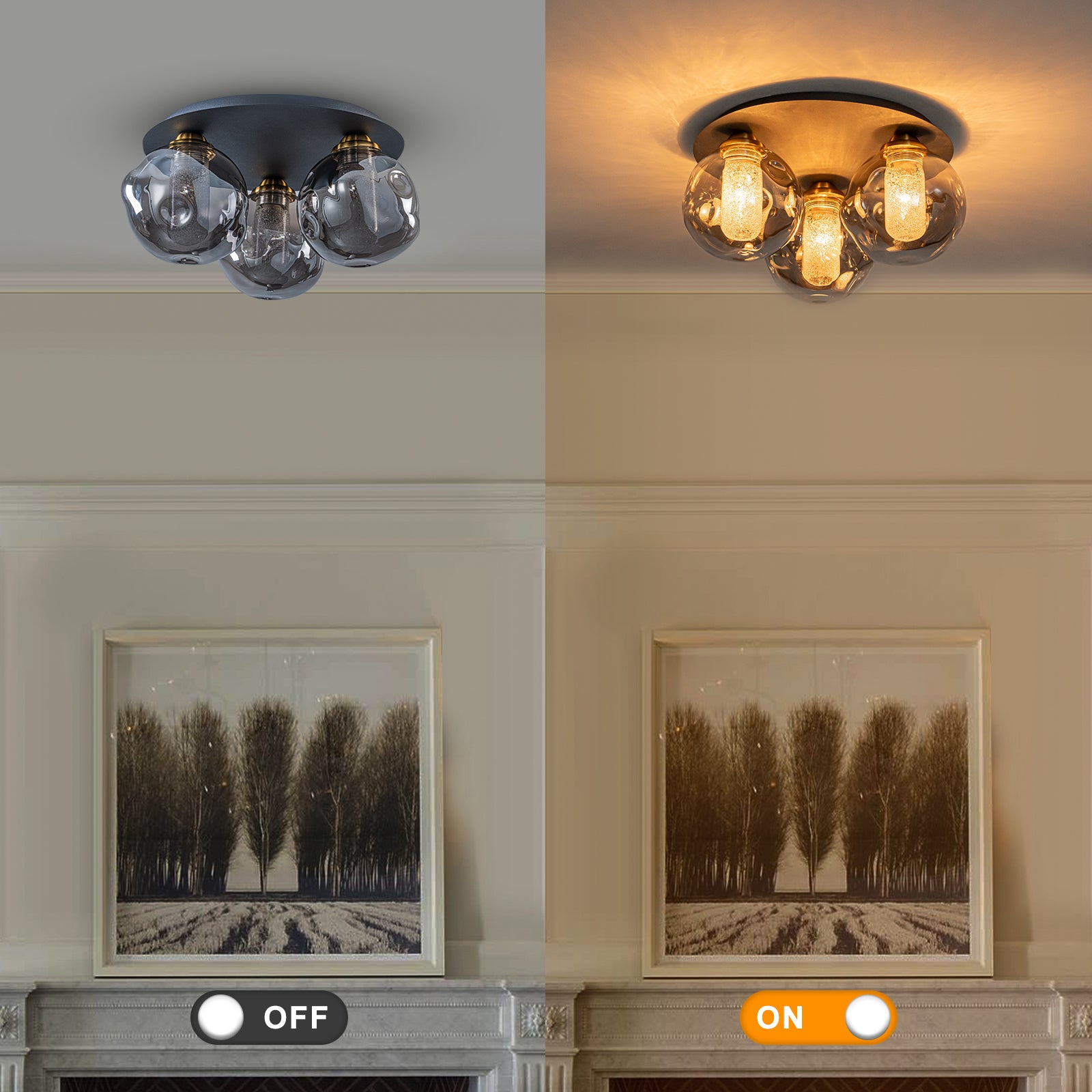 17.7 in. 3-Light Modern Black Metal Flush Mount Ceiling Light with Globe Smoky Gray Glass Shades for Dining Roo