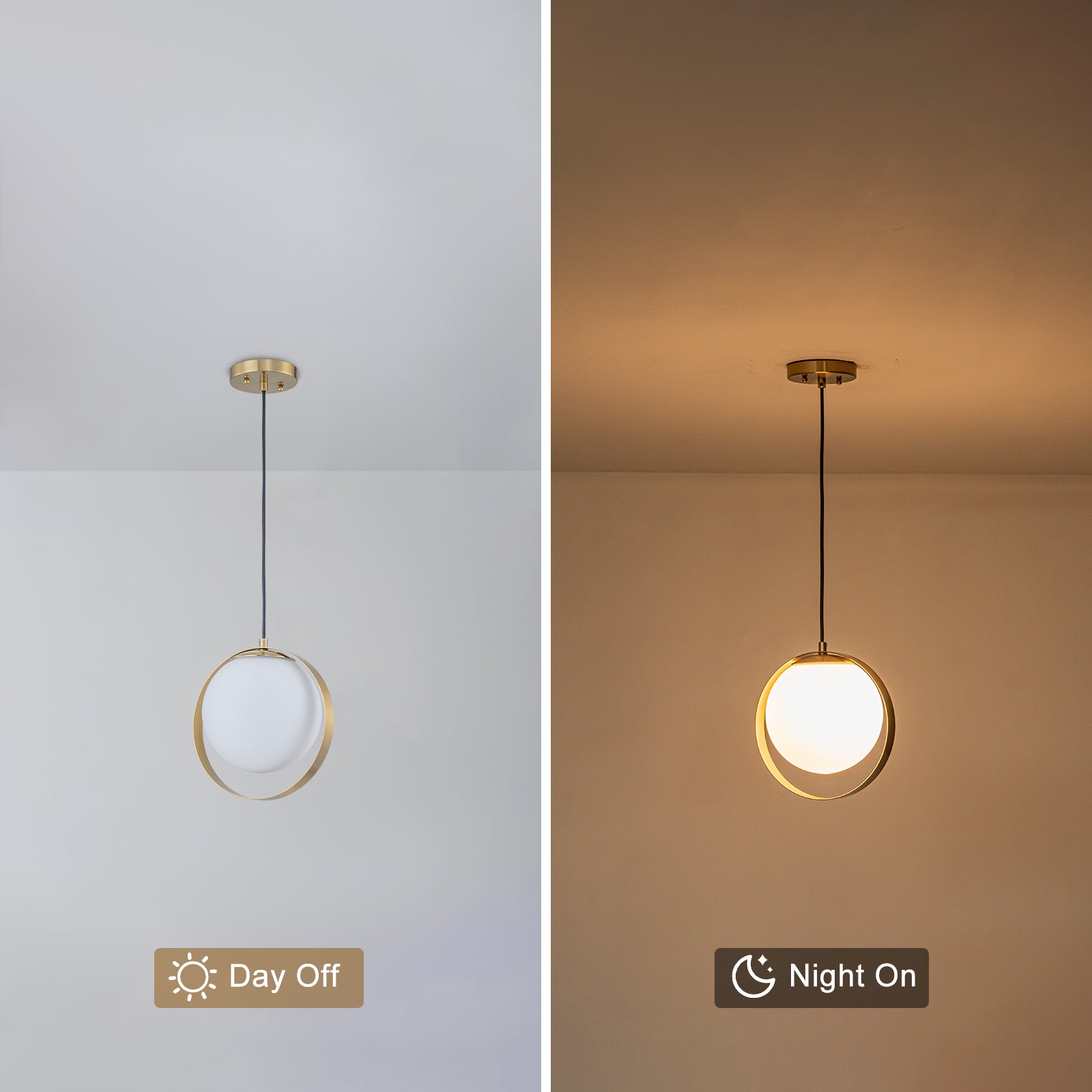 9.84 in. 8-Watt 1-Light Modern Mid-Century Brass Ring LED Pendant Light with White Globe Glass Shade