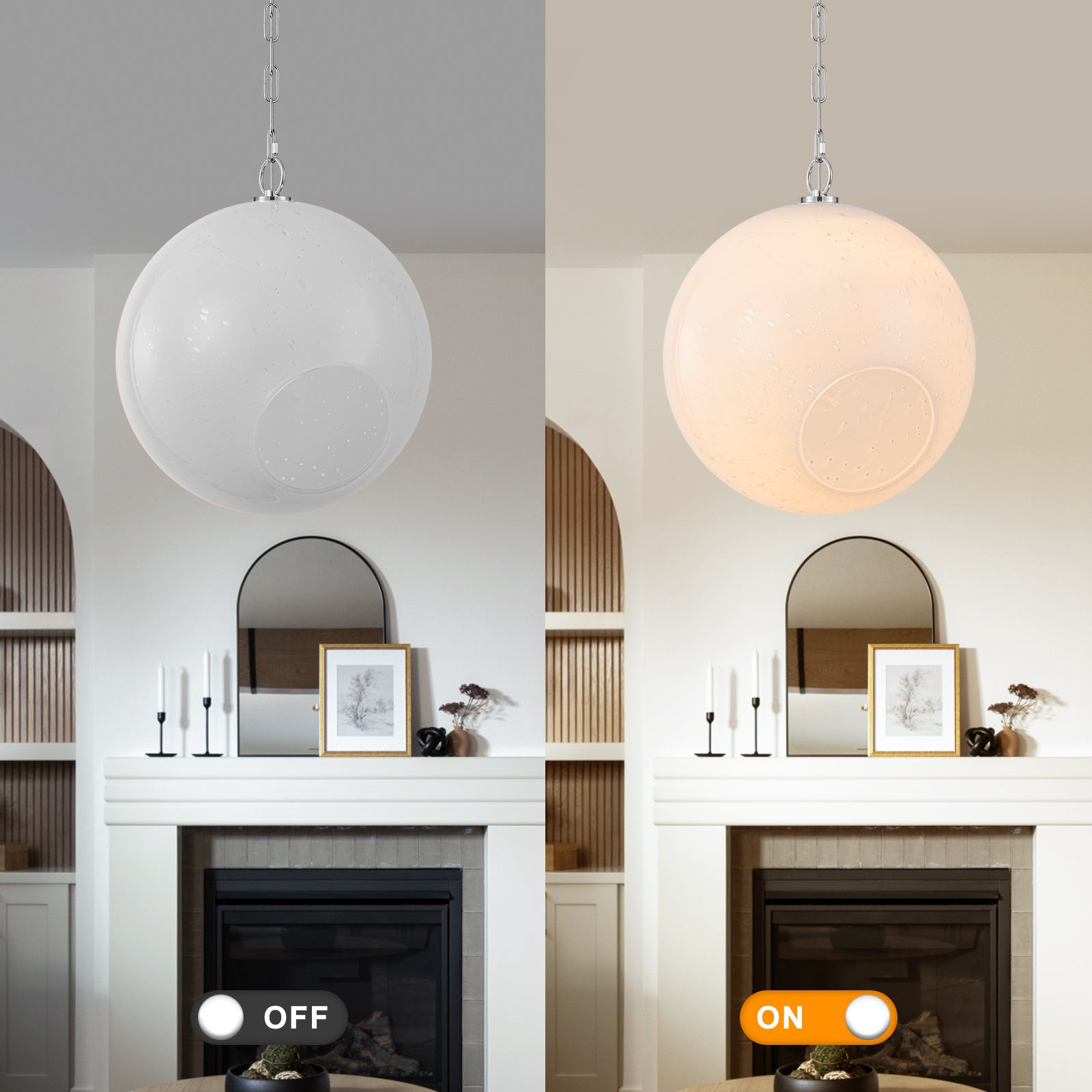 Chrome Modern Globe Hanging Pendant Light with White Bubble Glass Shade for Kitchen Island, Dining