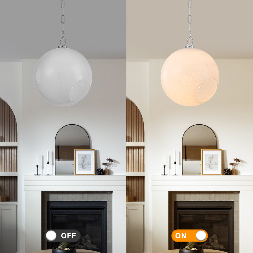 Chrome Modern Globe Hanging Pendant Light with White Bubble Glass Shade for Kitchen Island, Dining