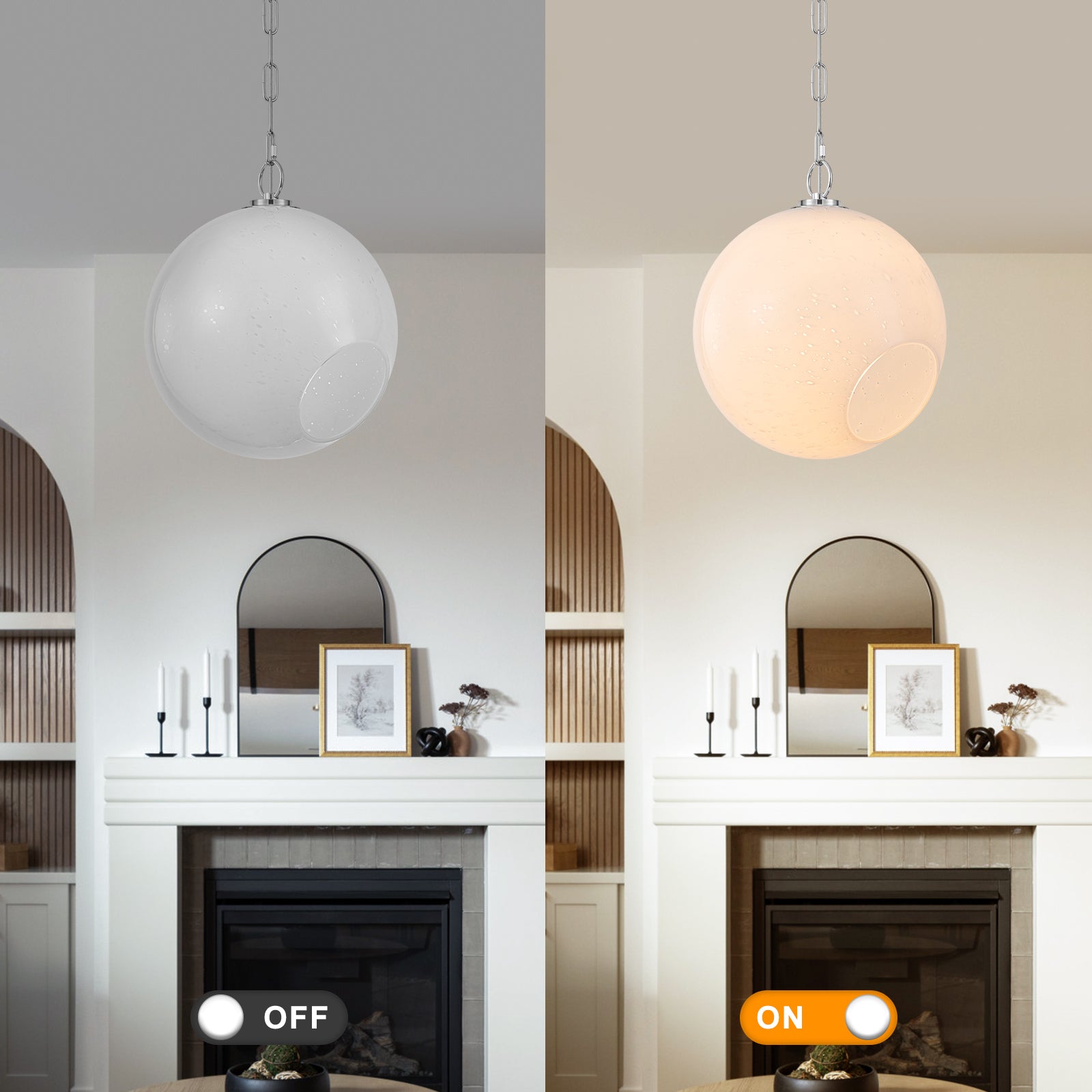 Chrome Modern Globe Hanging Pendant Light with White Bubble Glass Shade for Kitchen Island, Dining
