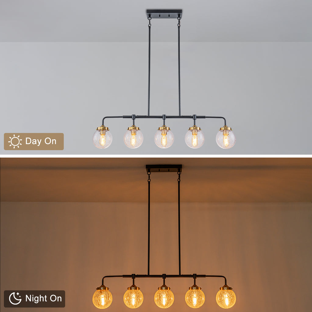 38 in. 5-Light Modern Matte Black Linear Pendant Light with Clear Globe Crackled Glass Shades Island Chandelier