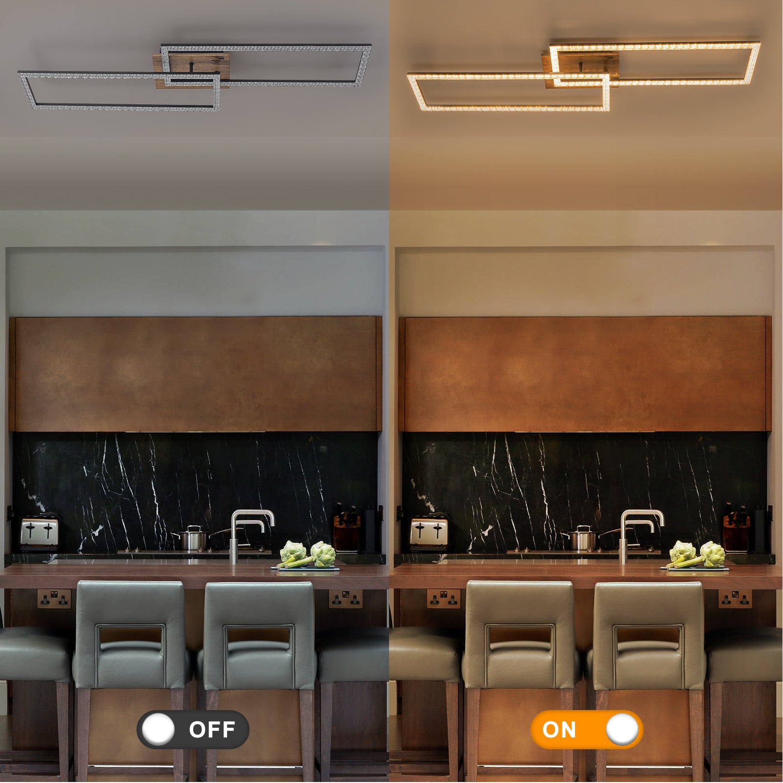 2-Light 40.55 in. Modern Black and Wood Dimmable Integrated LED Flush Mount Ceiling Light