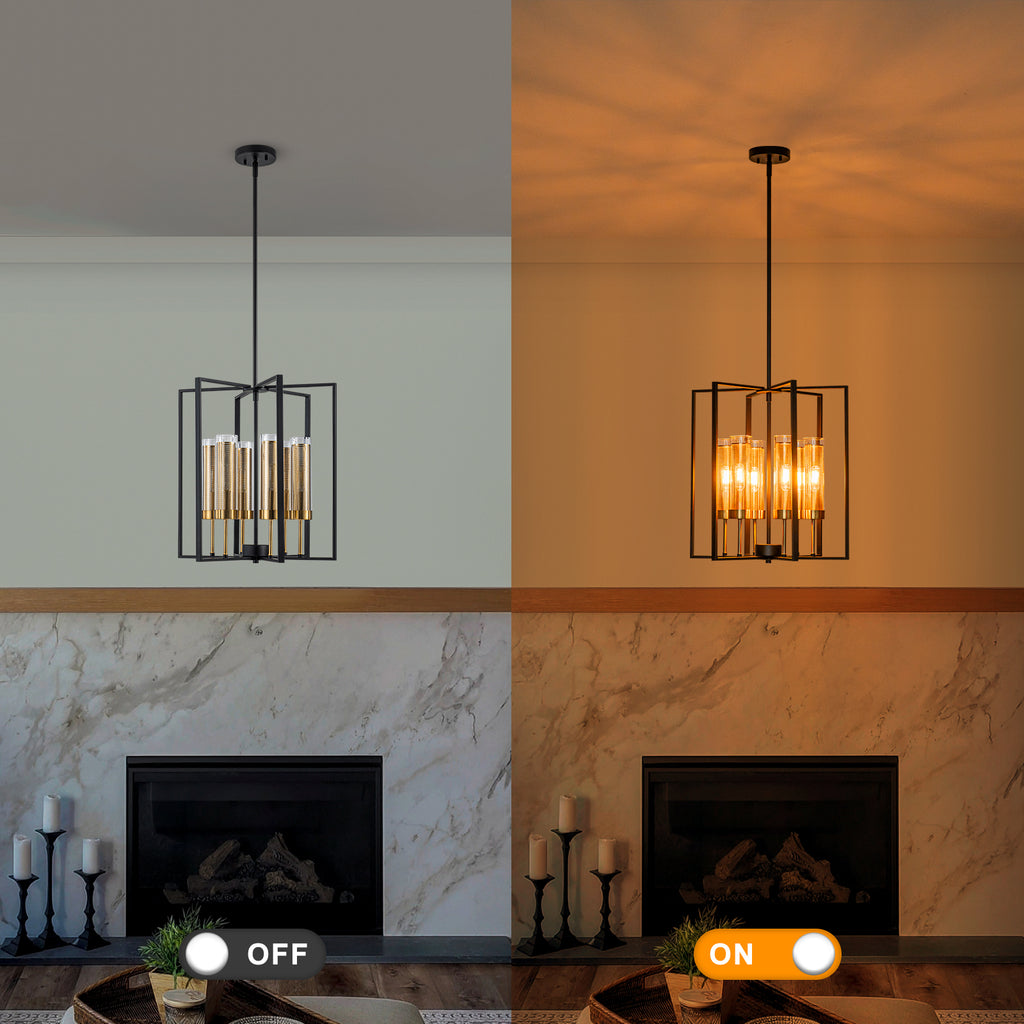 17.72 in. 6-Light Industrial Black Iron Geometric Chandelier with Clear Glass Shades for Kitchen Island Foyers Hallway
