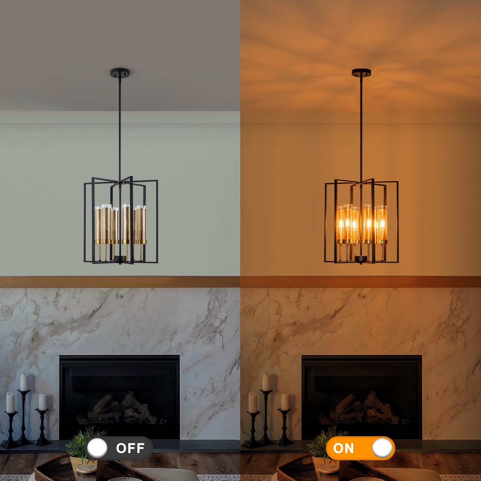 17.72 in. 6-Light Industrial Black Iron Geometric Chandelier with Clear Glass Shades for Kitchen Island Foyers Hallway