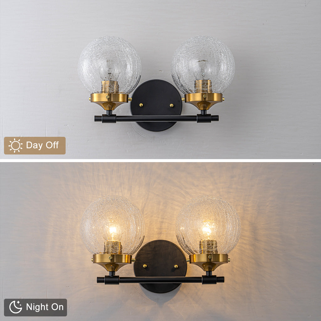 13.62 in. 2-Light Matte Black and Gold Metal Vanity Light with Clear Glass Shades for Bathroom