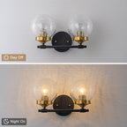 13.62 in. 2-Light Matte Black and Gold Metal Vanity Light with Clear Glass Shades for Bathroom