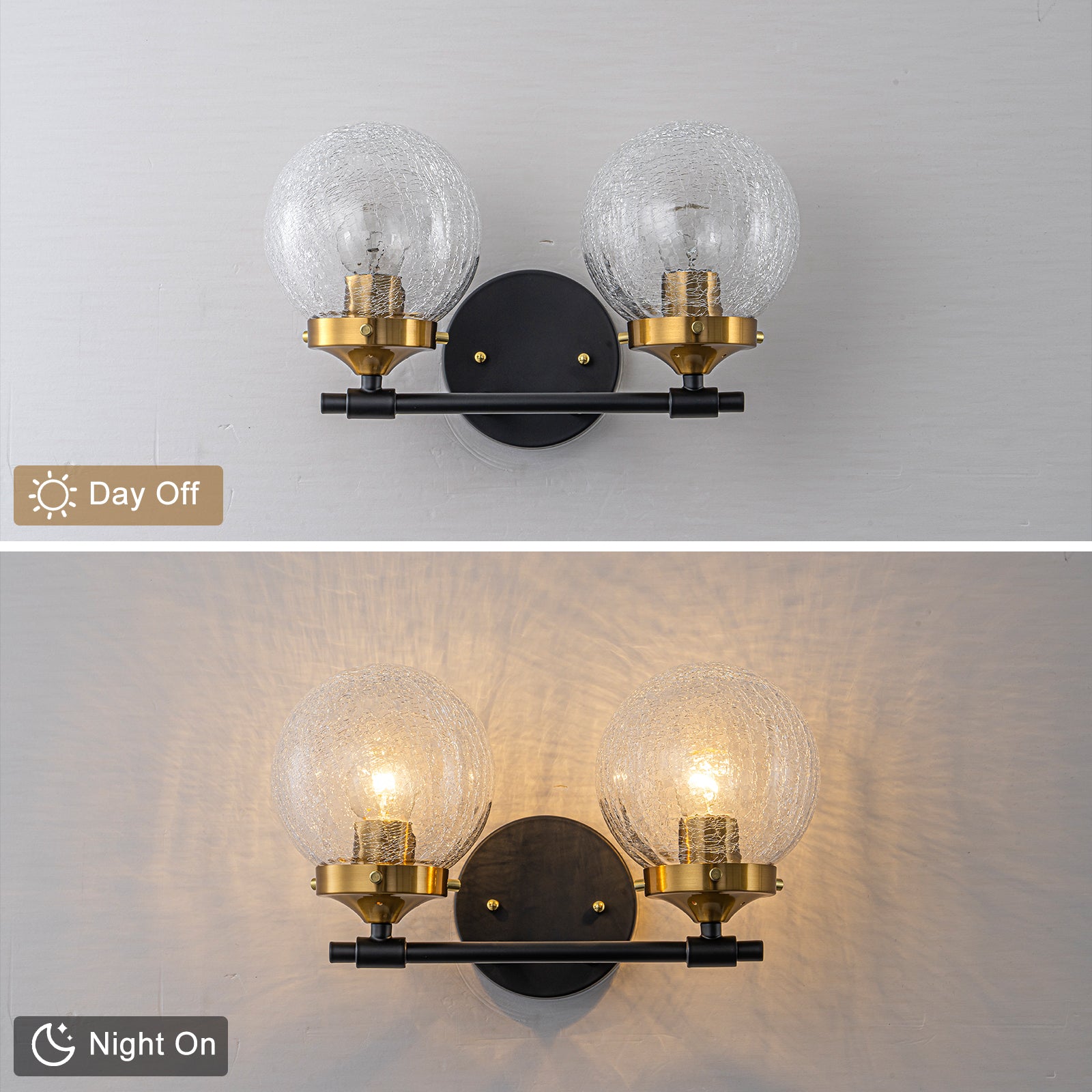 13.62 in. 2-Light Matte Black and Gold Metal Vanity Light with Clear Glass Shades for Bathroom