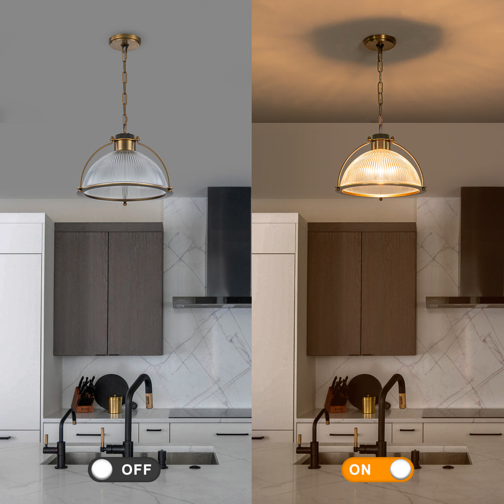 1-Light Industrial Brass Metal Dome Pendant Light with Clear Glass Shade for Kitchen Island, Dining Room