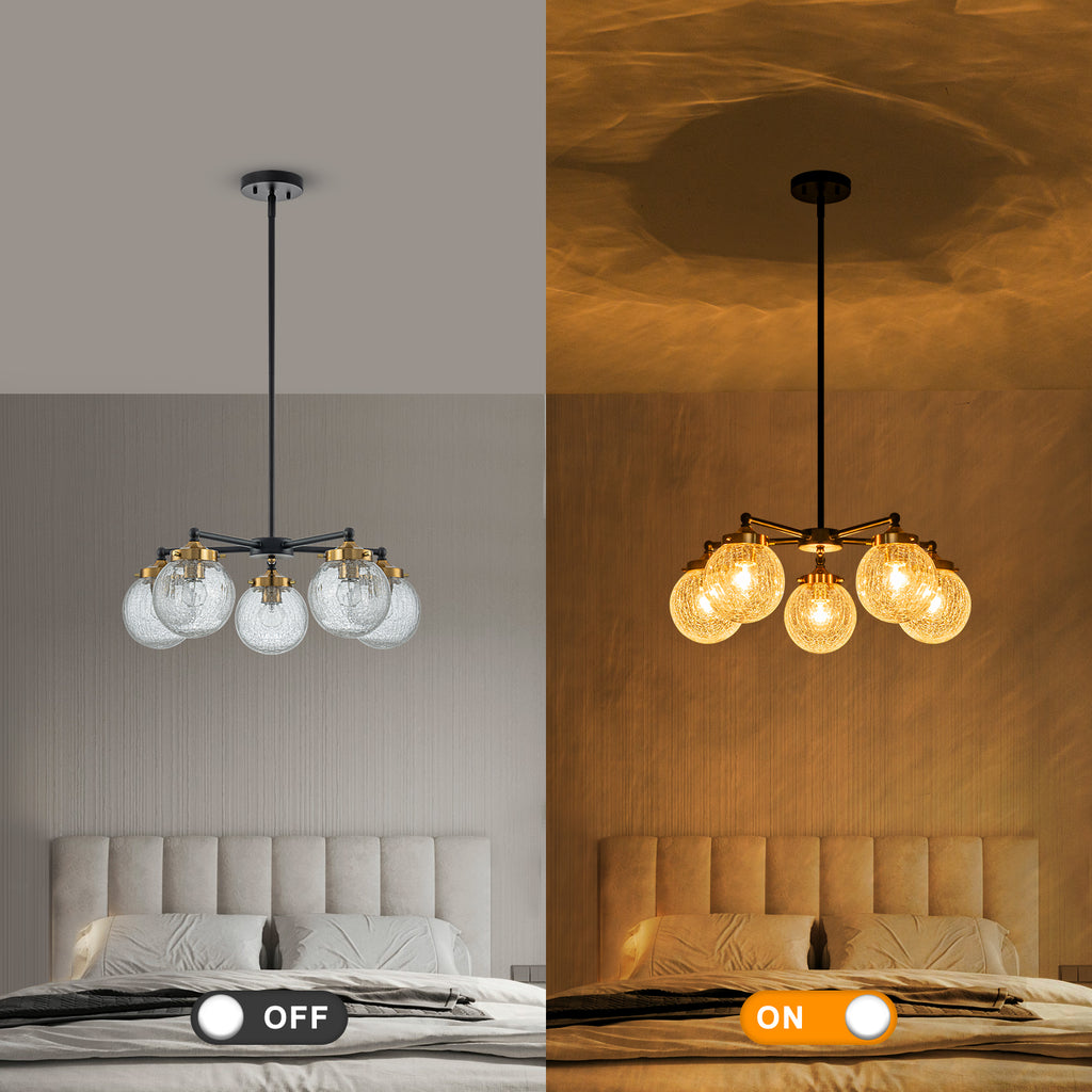 22.44 in. 5-Light Modern Black Branch Chandelier with Clear Cracked Glass Shades for Kitchen Island, Living Room
