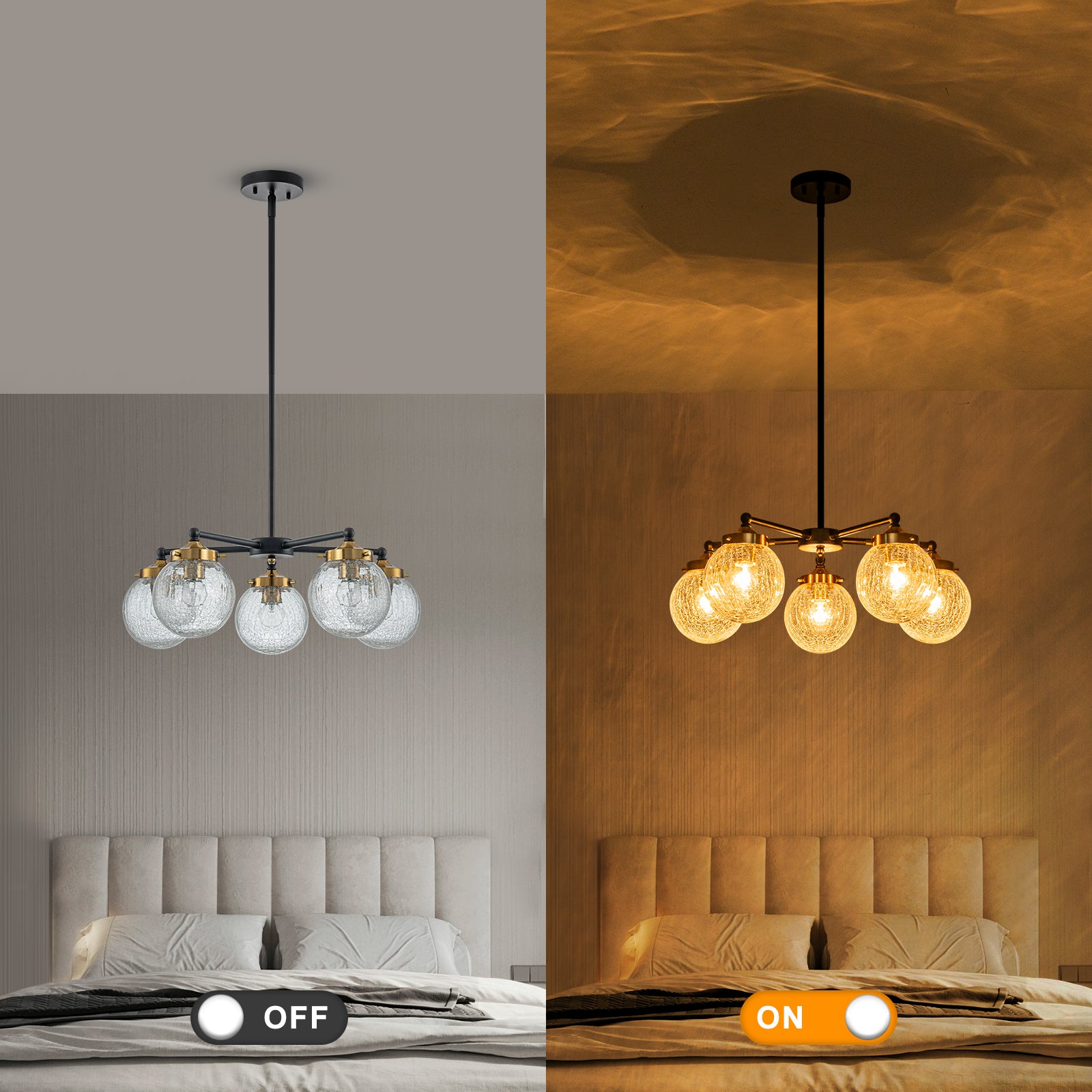 22.44 in. 5-Light Modern Black Branch Chandelier with Clear Cracked Glass Shades for Kitchen Island, Living Room