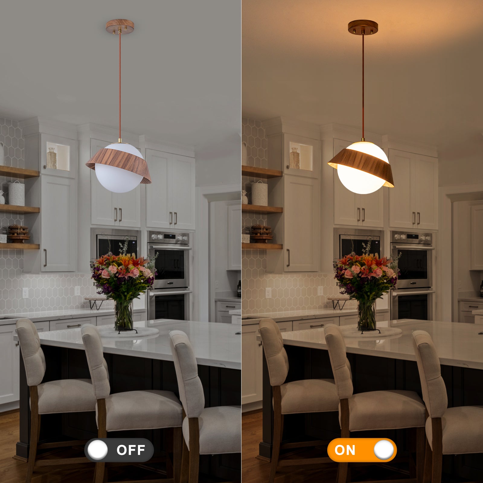 10.63 in. 1-Light Wooden Globe Hanging Pendant Light with White Glass Shade for Kitchen Island, Bedroom