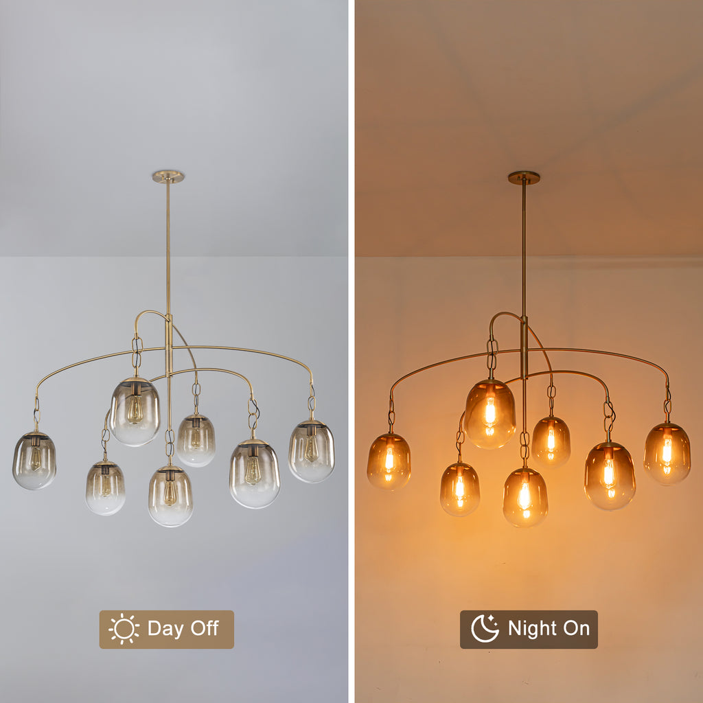 5/7-Light 2/3-Tier Antique Gold Metal Chandelier Pendant with Oval Glass Shades for Living Room, Kitchen Island