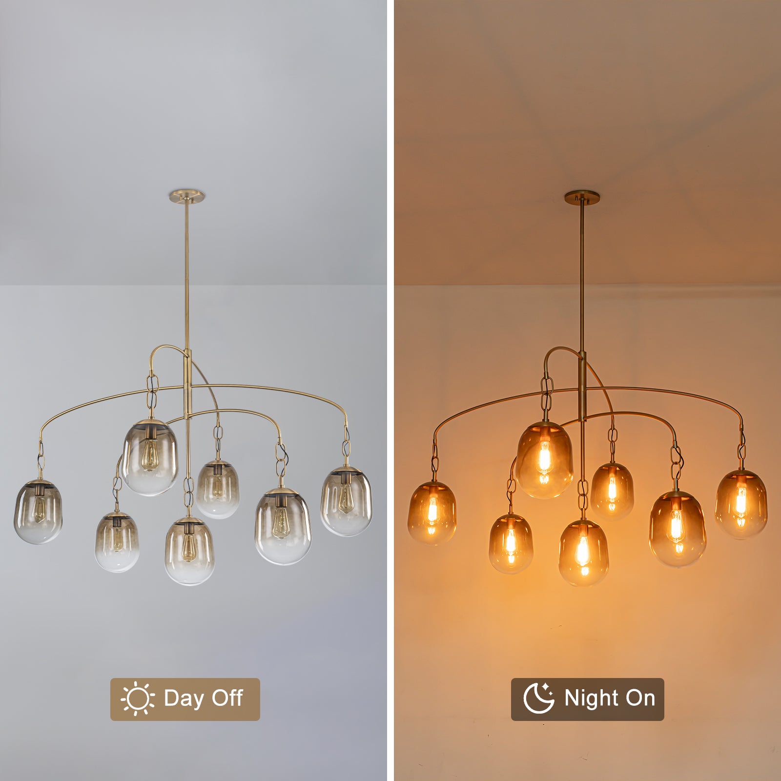 5/7-Light 2/3-Tier Antique Gold Metal Chandelier Pendant with Oval Glass Shades for Living Room, Kitchen Island