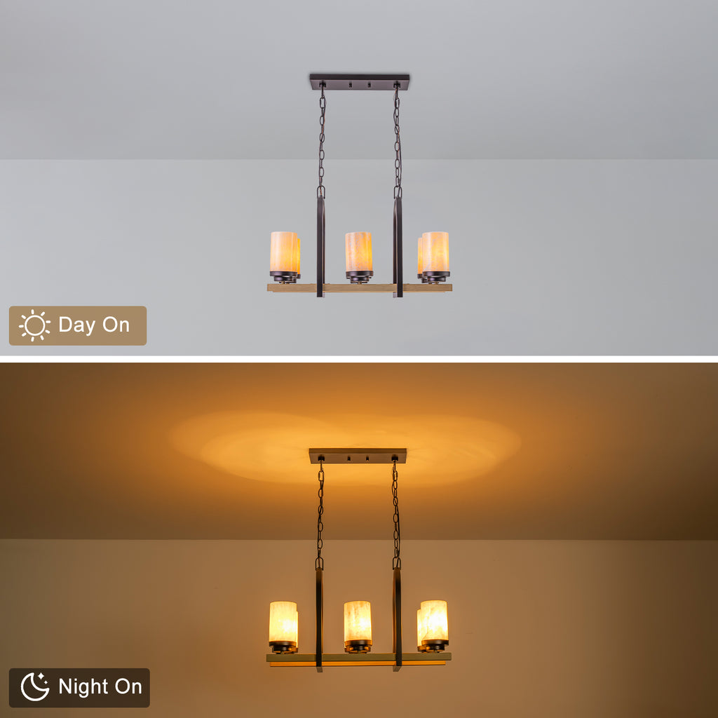 25 in. 6-Light Rustic Industrial Linear Coffee Brown Metal Pendant Light Chandelier with Marble Shades