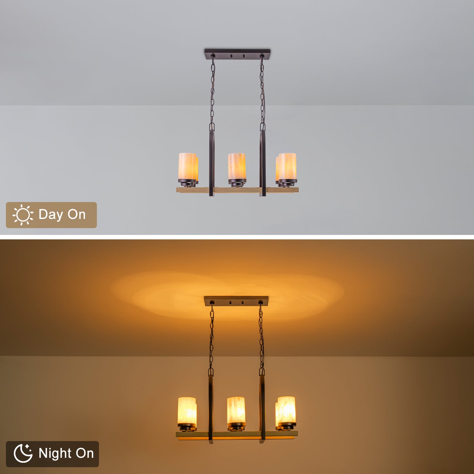25 in. 6-Light Rustic Industrial Linear Coffee Brown Metal Pendant Light Chandelier with Marble Shades