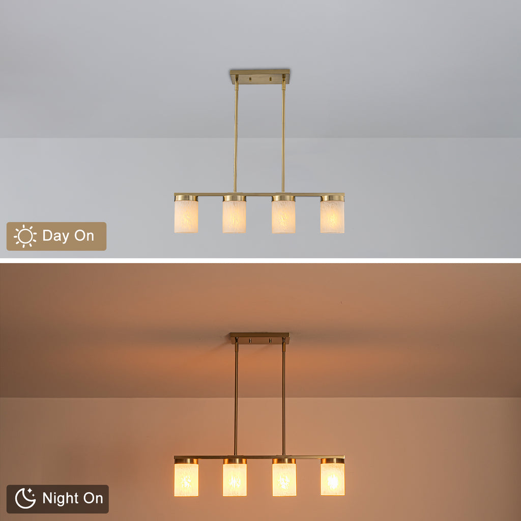 28.94 in. 4-Light Modern Copper Metal Linear Chandelier Island Pendant Light with Cylinder Glass Shades for Dining Room