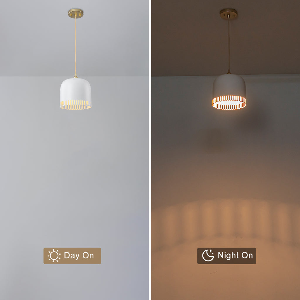 1-Light Gold Iron Semi-Domed Shape Pendant Light with Matte White Metal Shade Hollow Out Design for Living Room