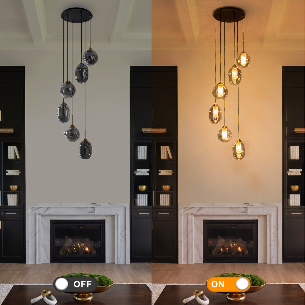 16 in. 6-Light Modern Black Staircase Chandelier Island Pendant Light with Smoky Gray Globe Glass Shade