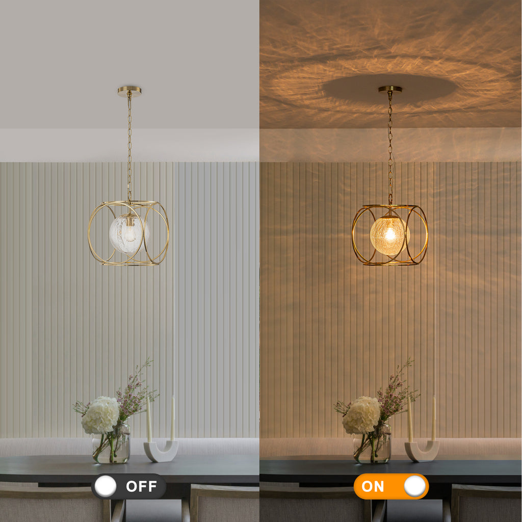 11.5 in. 1-Light Modern Copper Metal Pendant Light with Clear Crackle Globe Glass Shade for Kitchen Island, Dining Room