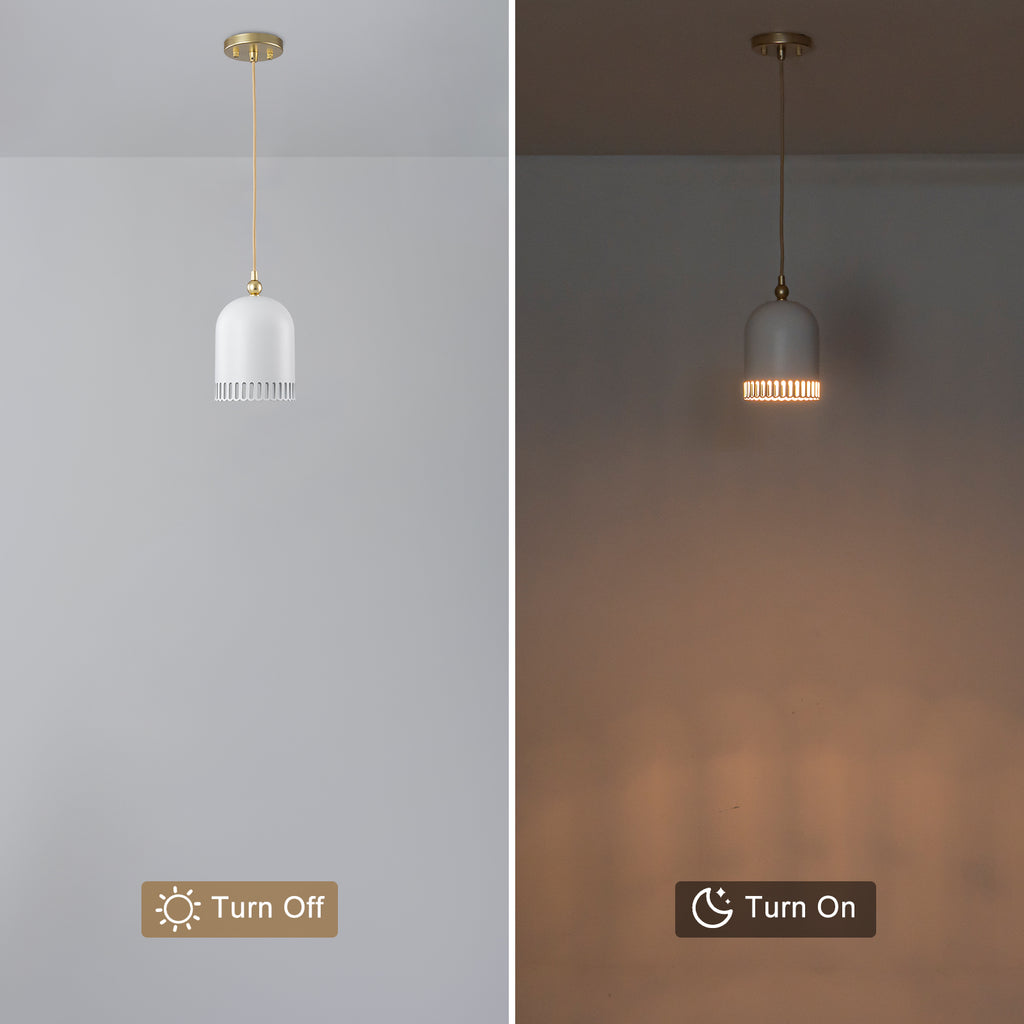 1-Light Gold Iron Semi-Domed Shape Pendant Light with Matte White Metal Shade Hollow Out Design for Living Room